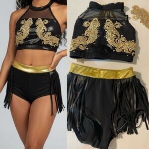 Custom glamorous mature solo dance costume 2 piece leather fringe black MC LC
